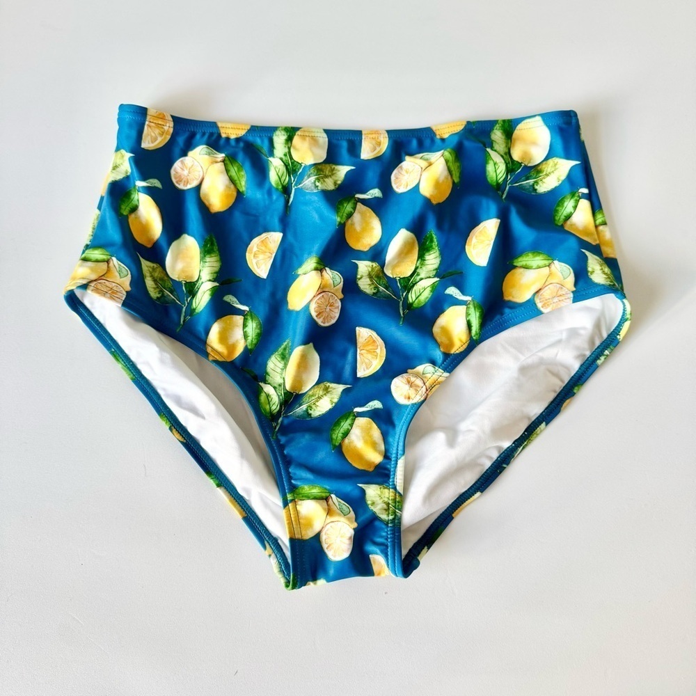 Blue Lemon Print High-Waisted Bikini Bottoms
